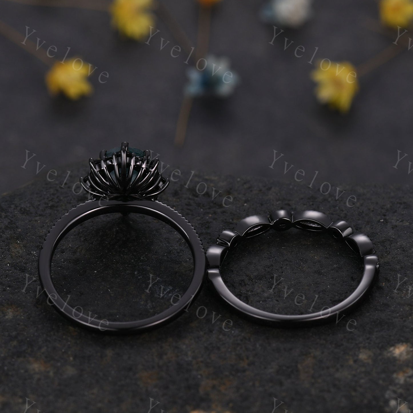 Gothic Oval Shape Alexandrite Engagement Ring Set,Black Gold Black Diamond Promise Ring Set Unique Rhodium Black Witchy Ring Bridal Set Gift