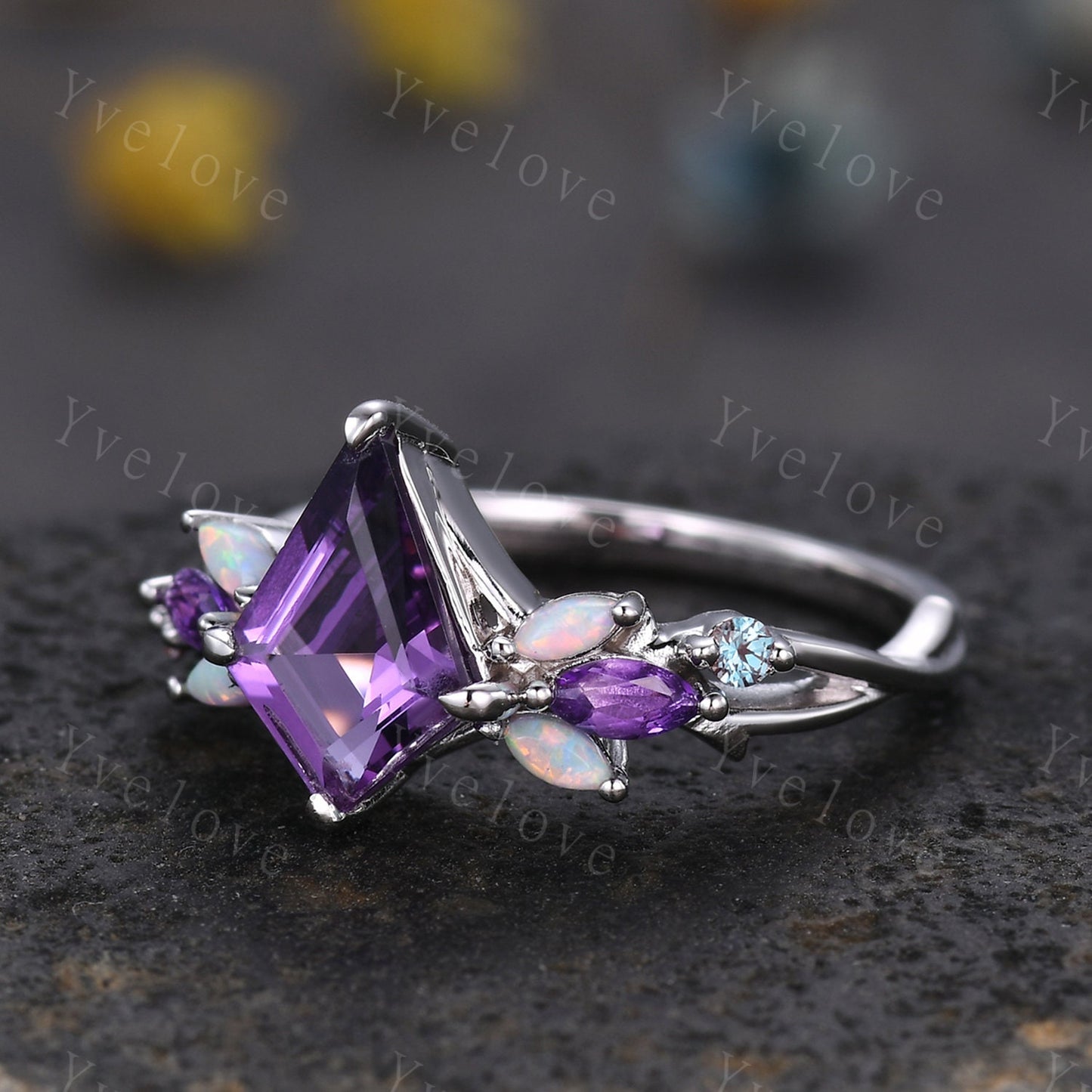 Vintage Kite Amethyst Engagement Ring,Sterling Silver,Vines Amethyst Opal Ring,Women Bridal Set,Unique Twig Anniversary Promise Ring Gift