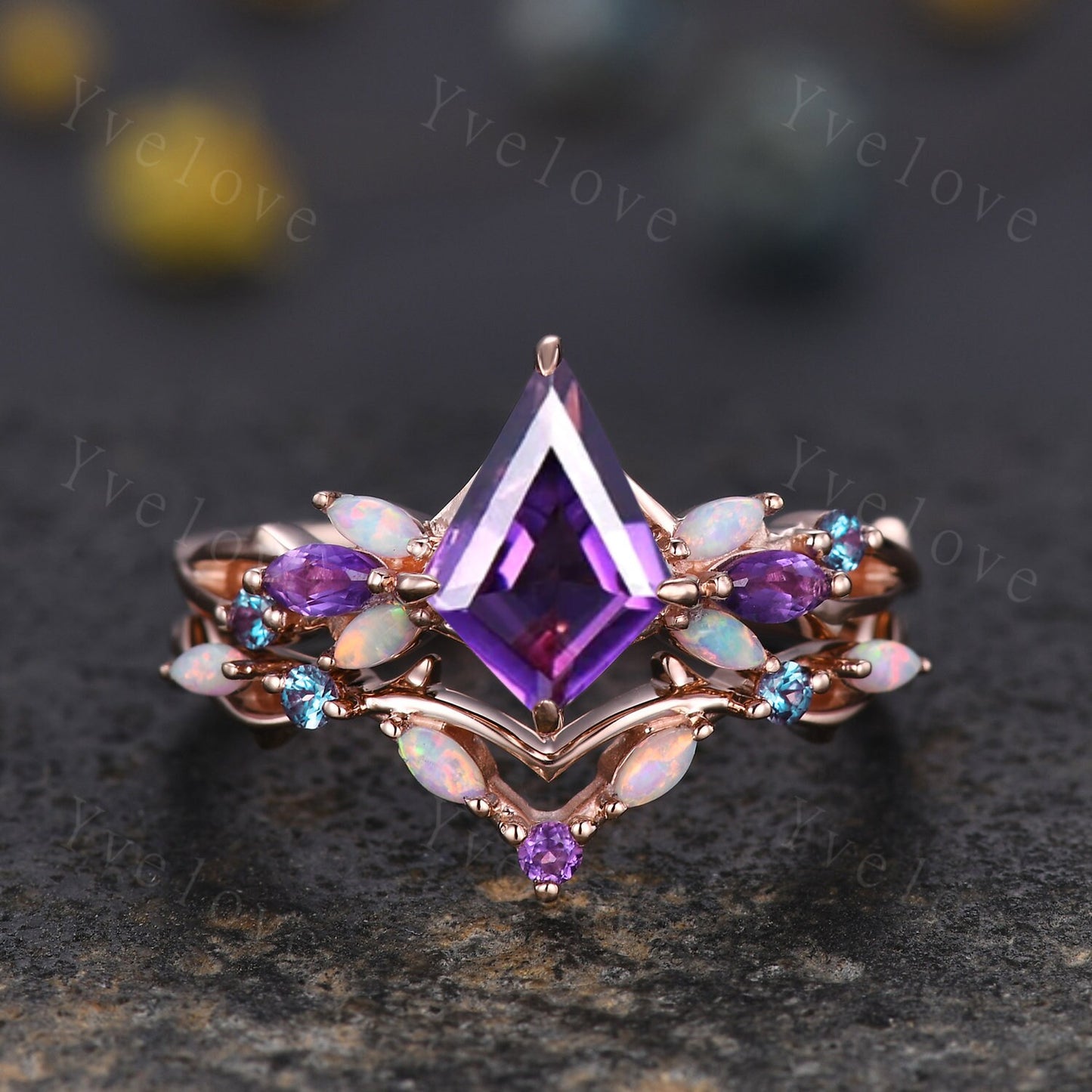 Vintage Kite Amethyst Engagement Ring Set,White Gold,Vines Amethyst Opal Ring,Women Bridal Set,Unique Twig Anniversary Promise Ring Gift