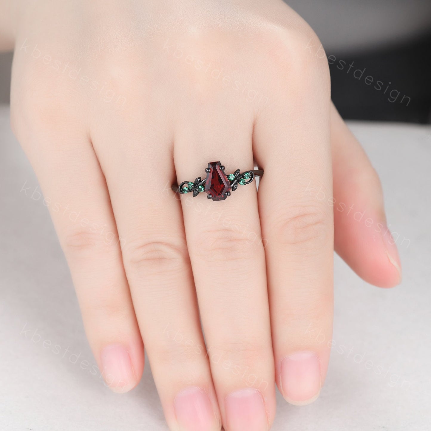 Coffin cut garnet engagement ring Vintage silver ring Art deco leaf design emerald wedding ring nature inspired ring bridal promise ring