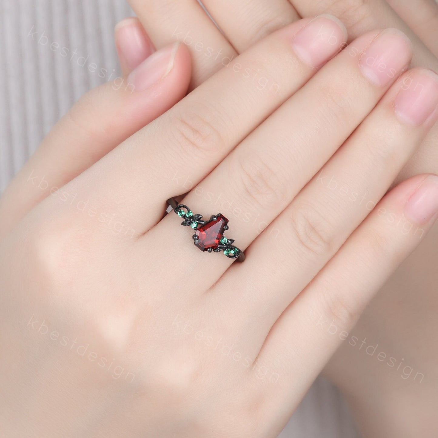 Coffin cut garnet engagement ring Vintage silver ring Art deco leaf design emerald wedding ring nature inspired ring bridal promise ring