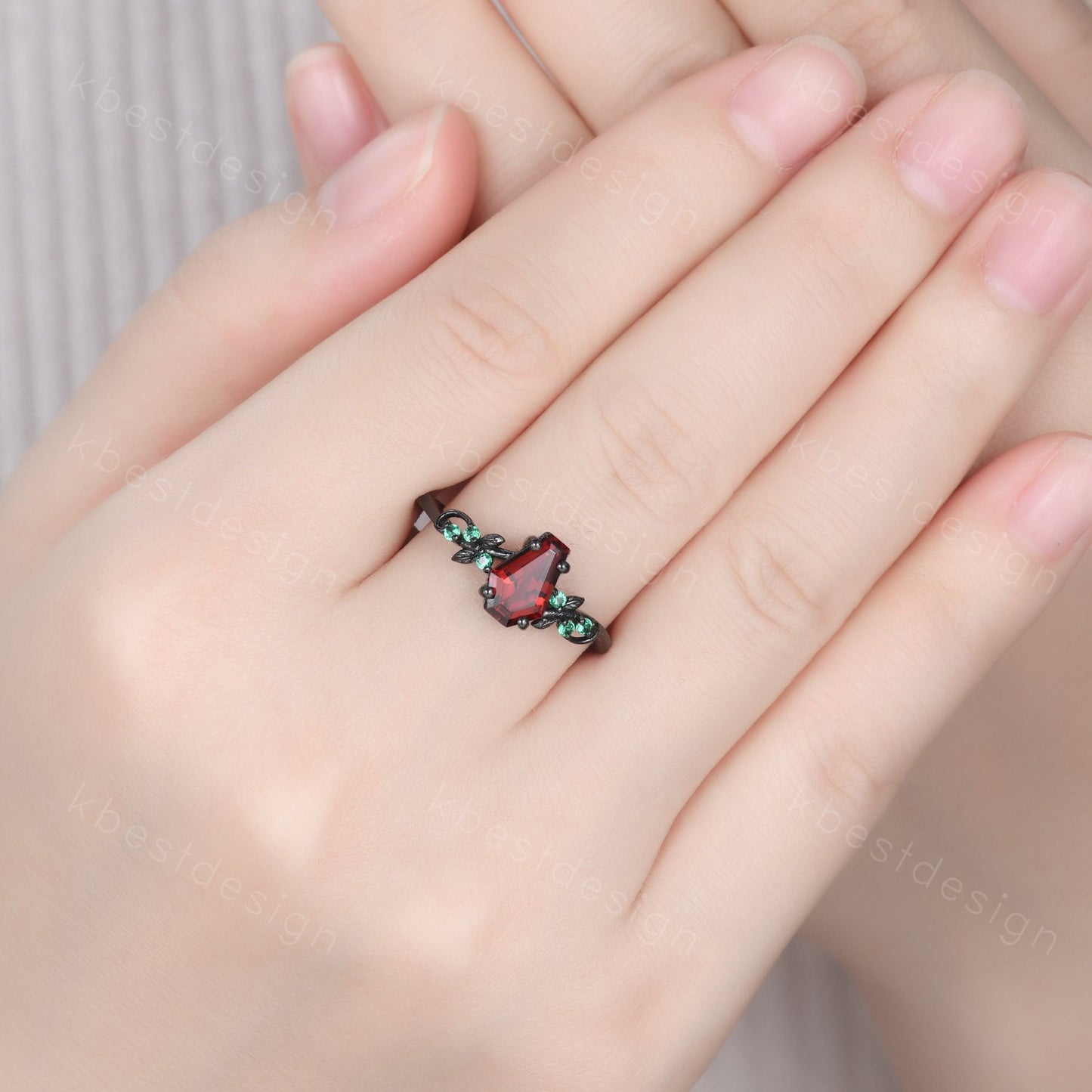 Coffin cut garnet engagement ring Gothic Black gold ring Art deco leaf design emerald wedding ring nature inspired ring bridal promise ring