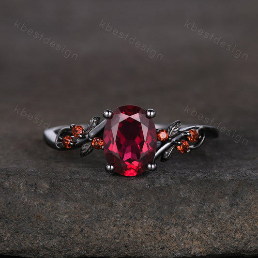 Vintage oval ruby engagement ring Black gold ring Art deco leaf design garnet wedding ring nature inspired ring bridal promise ring gift