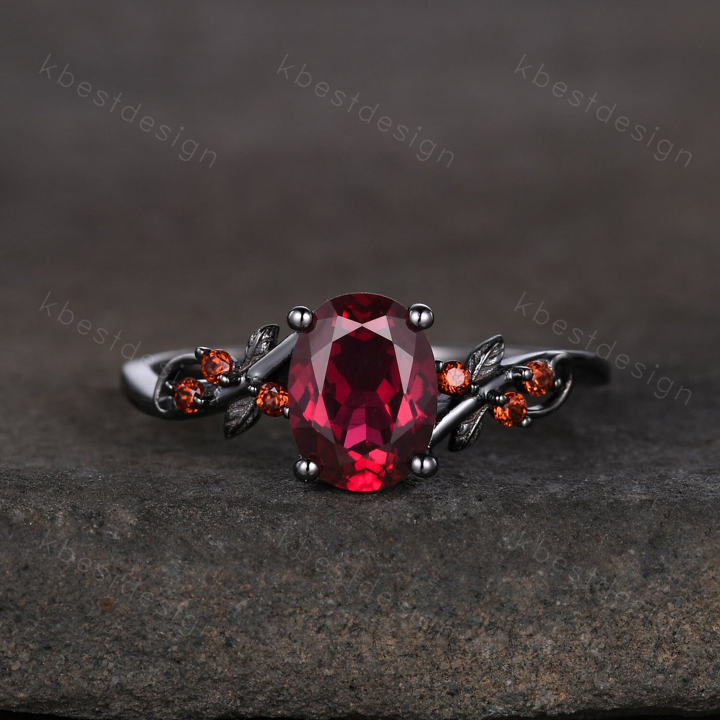 Vintage oval ruby engagement ring Black gold ring Art deco leaf design garnet wedding ring nature inspired ring bridal promise ring gift