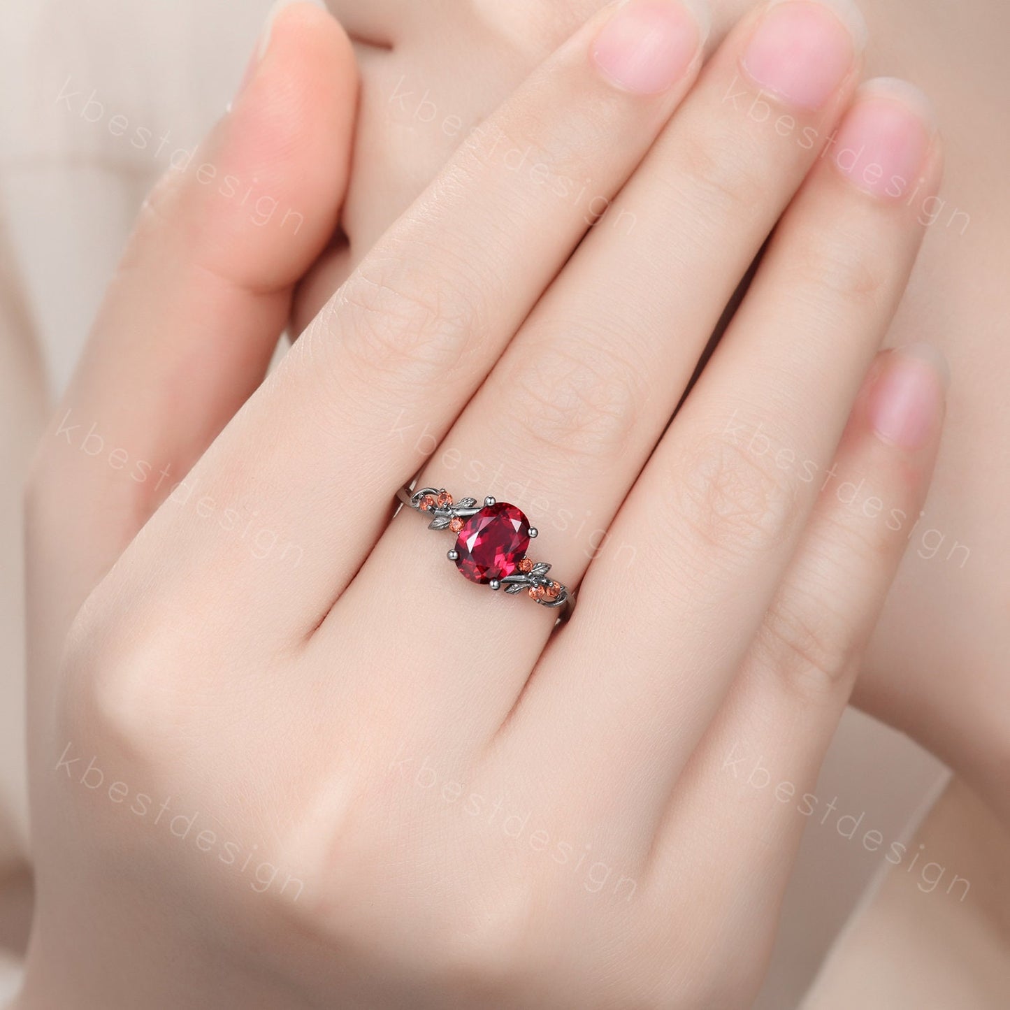 Vintage oval ruby engagement ring Black gold ring Art deco leaf design garnet wedding ring nature inspired ring bridal promise ring gift