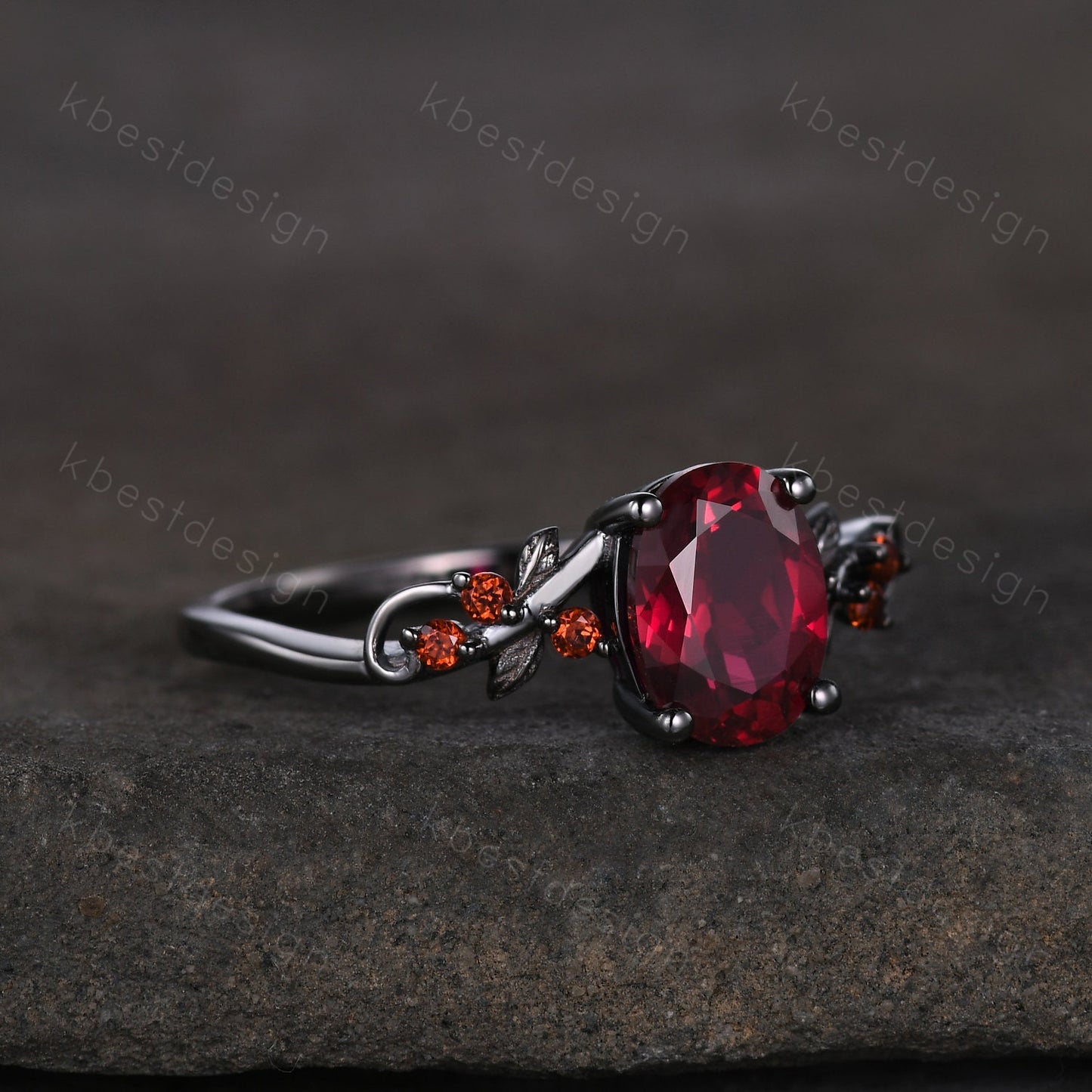 Vintage oval ruby engagement ring Black gold ring Art deco leaf design garnet wedding ring nature inspired ring bridal promise ring gift