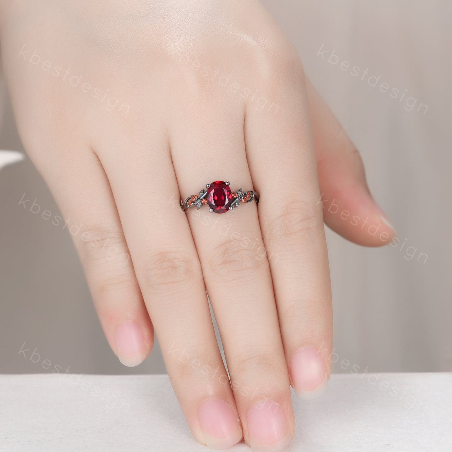 Vintage oval ruby engagement ring Black gold ring Art deco leaf design garnet wedding ring nature inspired ring bridal promise ring gift