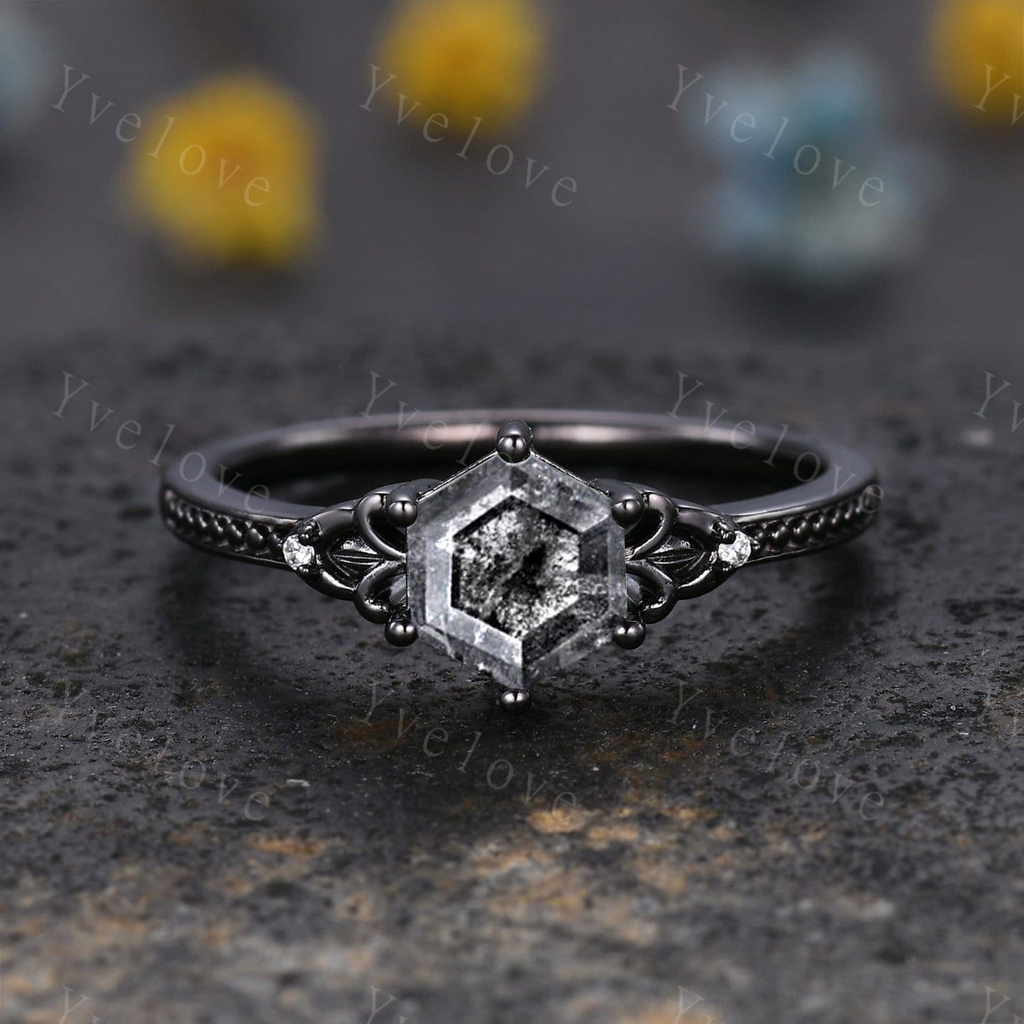 Hexagon Cut Salt and Pepper Diamond Engagement Ring Set Unique Bridal Set,Diamond Ring Dark Promise Wedding Set,Celtic Enhancer Band Gift