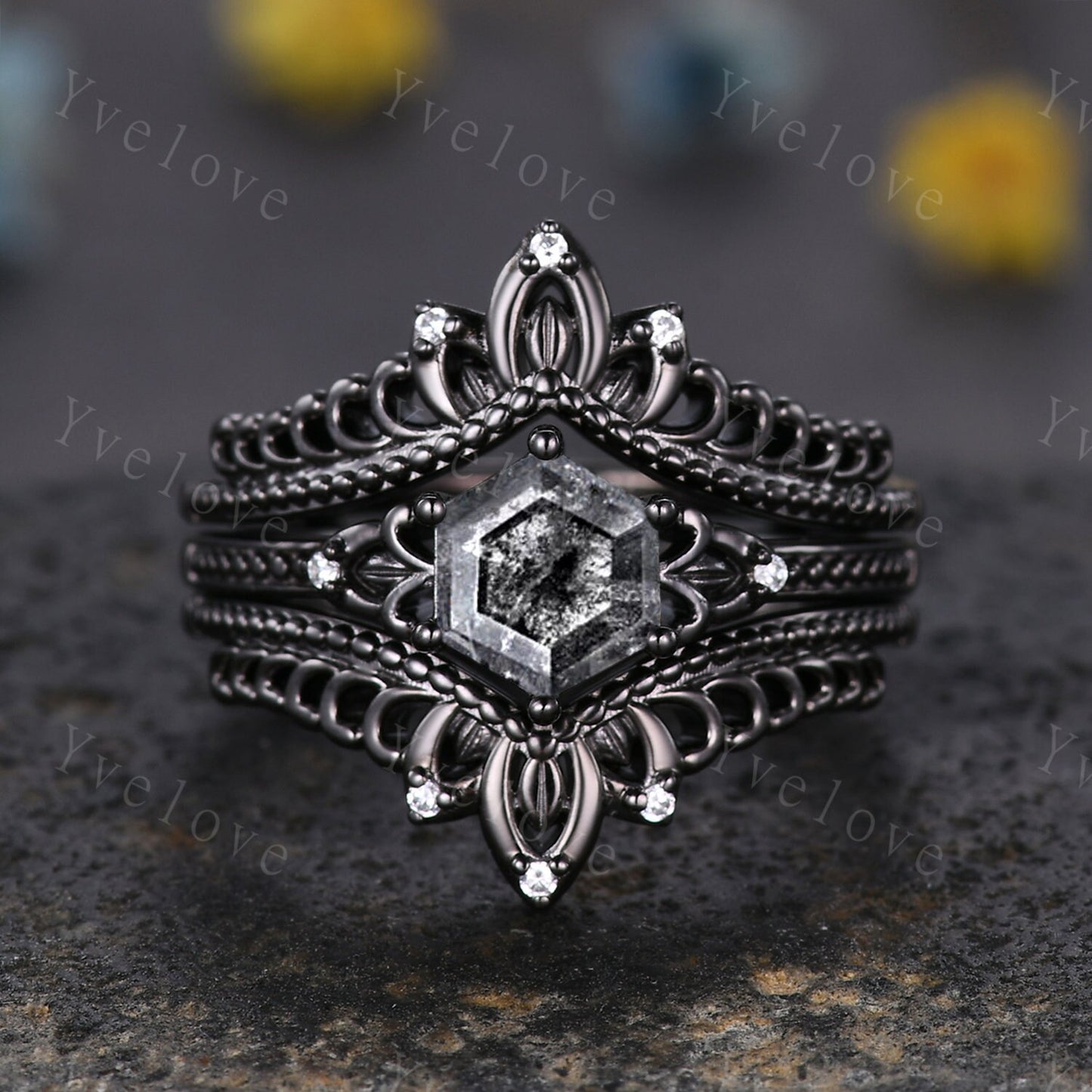 Hexagon Cut Salt and Pepper Diamond Engagement Ring Set Unique Bridal Set,Diamond Ring Dark Promise Wedding Set,Celtic Enhancer Band Gift