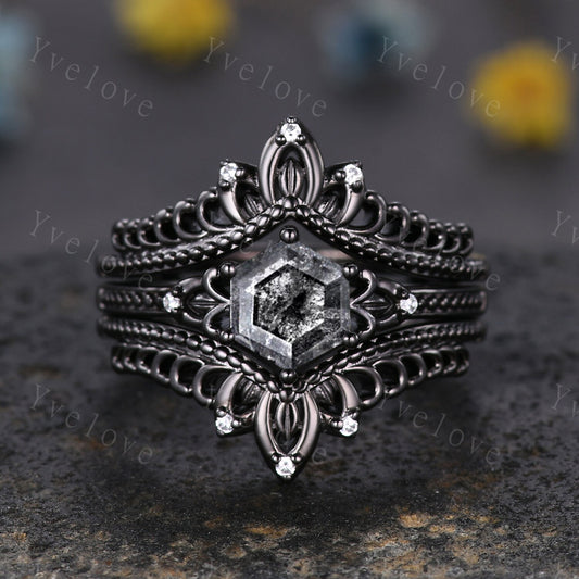 Hexagon Cut Salt and Pepper Diamond Engagement Ring Set Unique Bridal Set,Diamond Ring Dark Promise Wedding Set,Celtic Enhancer Band Gift