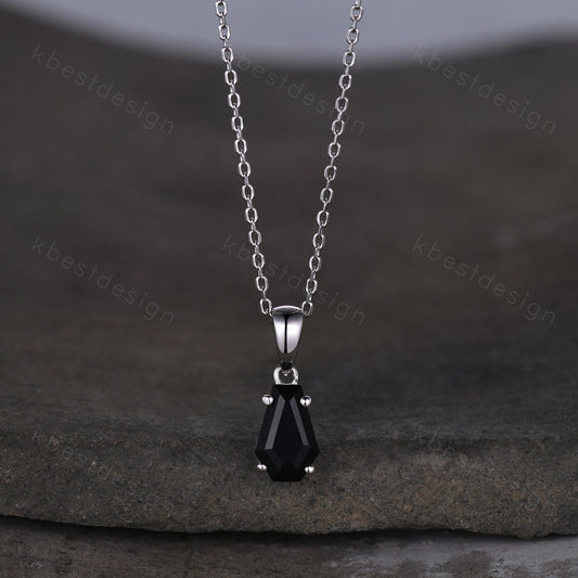 Coffin cut black onyx necklace 925 sterling silver dainty black onyx pendant black gemstone jewelry minimalist anniversary gift for her