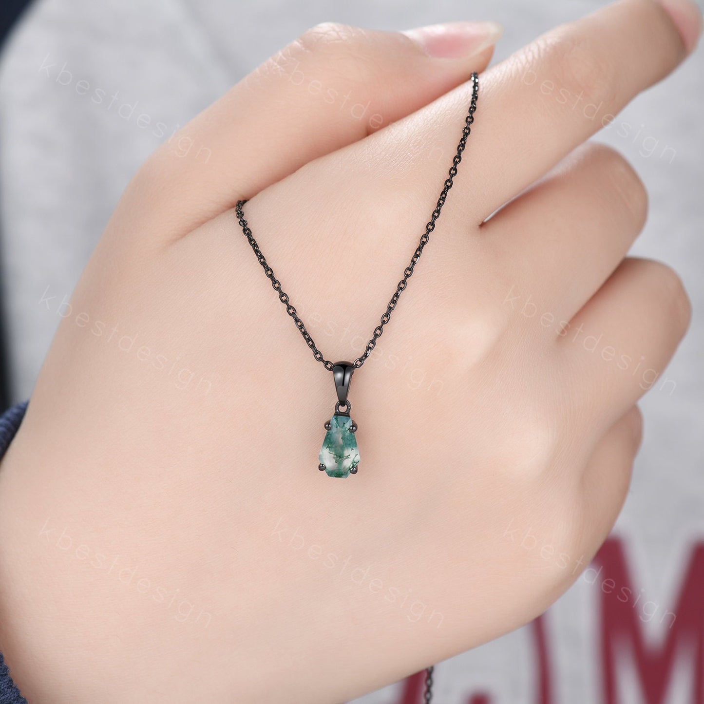 Unique coffin cut green moss agate necklace black gold necklace delicate green agate jewelry minimalist anniversary gift for women