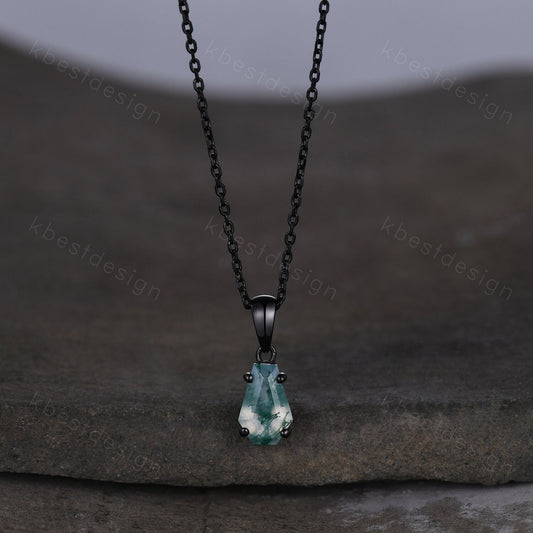 Unique coffin cut green moss agate necklace black gold necklace delicate green agate jewelry minimalist anniversary gift for women