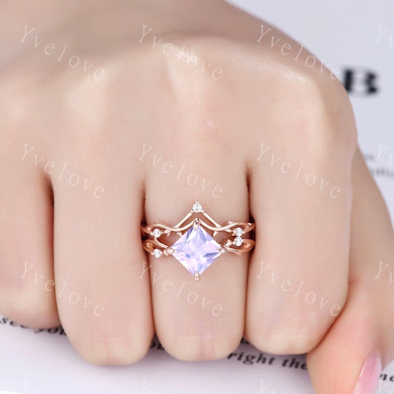 Vintage Princess Cut Lavender Amethyst Engagement Ring Set,Twisted Ring,Leaf Vines Diamond Bridal Set,Dainty Twig Diamond Ring Gift For her
