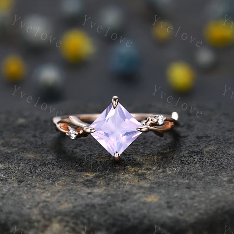 Vintage Princess Cut Lavender Amethyst Engagement Ring Set,Twisted Ring,Leaf Vines Diamond Bridal Set,Dainty Twig Diamond Ring Gift For her