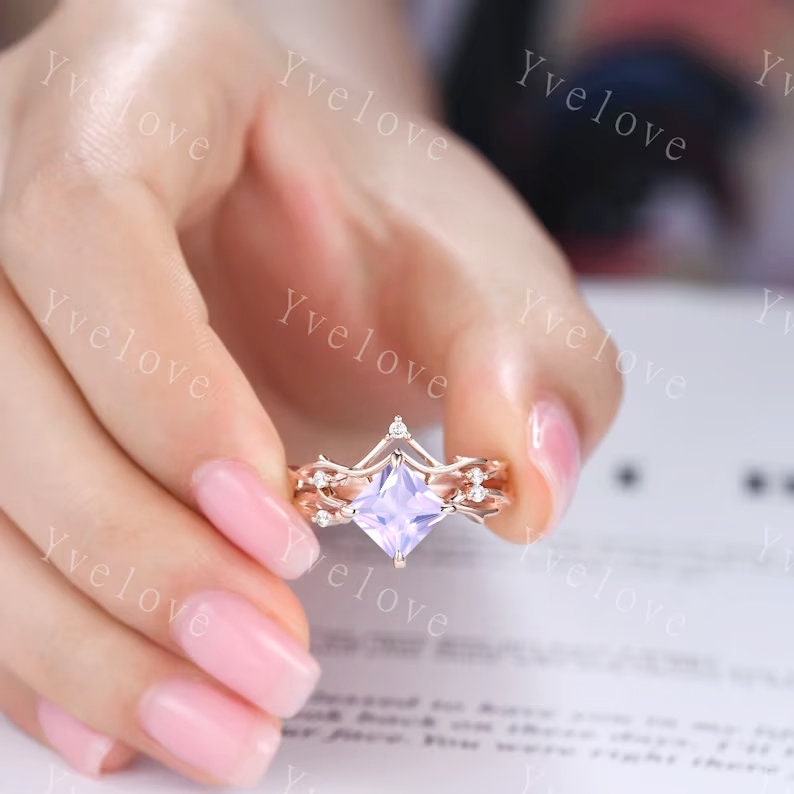 Vintage Princess Cut Lavender Amethyst Engagement Ring Set,Twisted Ring,Leaf Vines Diamond Bridal Set,Dainty Twig Diamond Ring Gift For her