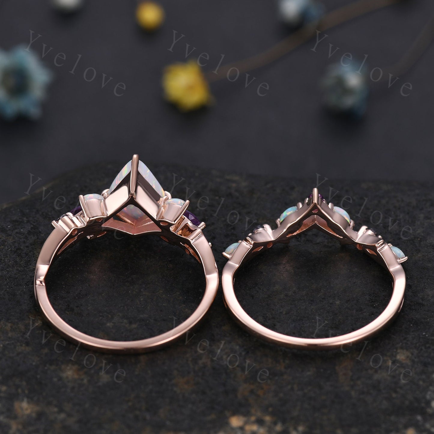 Vintage Kite White Opal Engagement Ring Set,Rose Gold,Vines Amethyst Opal Ring,Women Bridal Set,Unique Twig Anniversary Promise Ring Gift