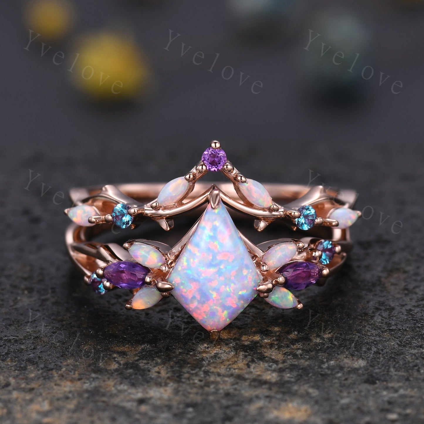 Vintage Kite White Opal Engagement Ring Set,Rose Gold,Vines Amethyst Opal Ring,Women Bridal Set,Unique Twig Anniversary Promise Ring Gift