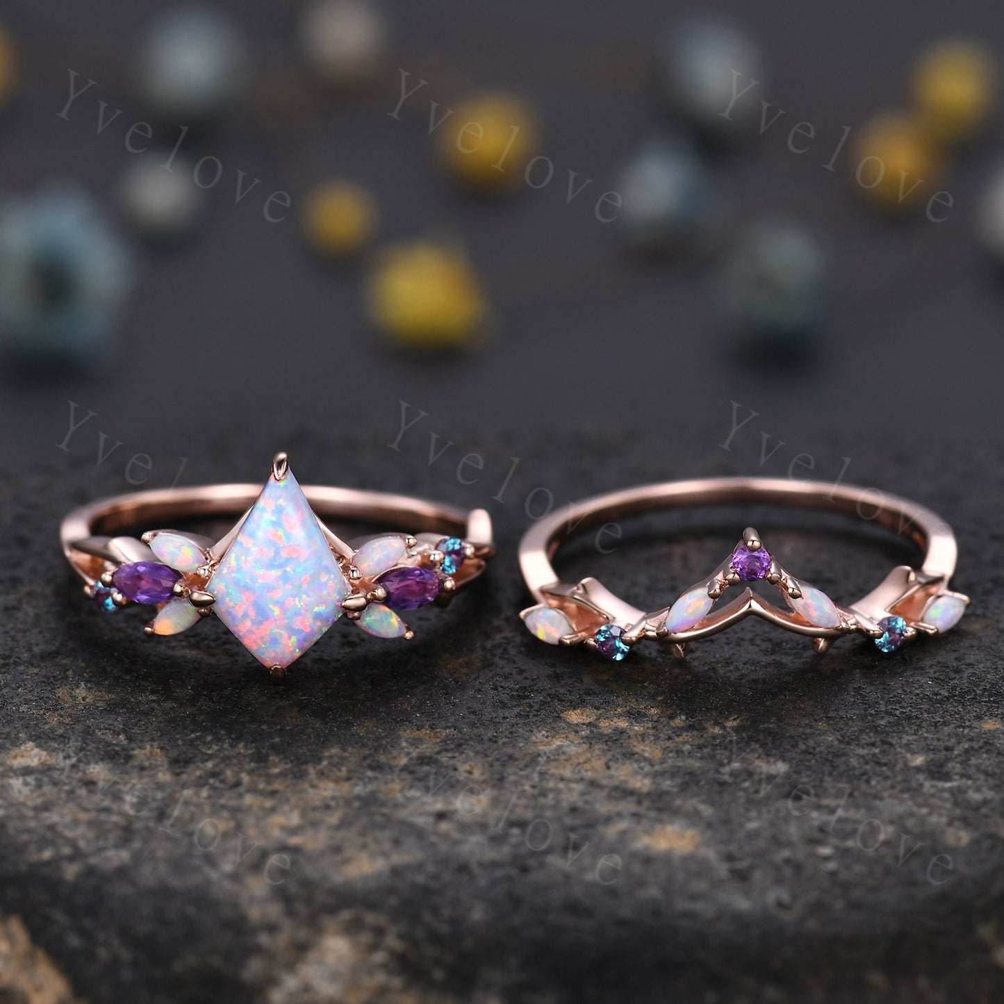 Vintage Kite White Opal Engagement Ring Set,Rose Gold,Vines Amethyst Opal Ring,Women Bridal Set,Unique Twig Anniversary Promise Ring Gift