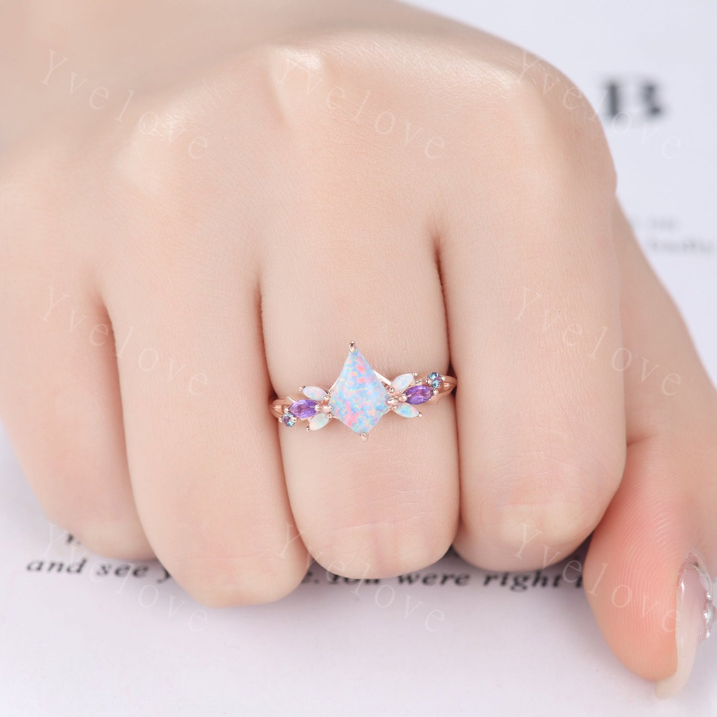 Vintage Kite White Opal Engagement Ring,Rose Gold,Vines Amethyst Opal Ring,Women Bridal Set,Unique Twig Women Anniversary Promise Ring Gift