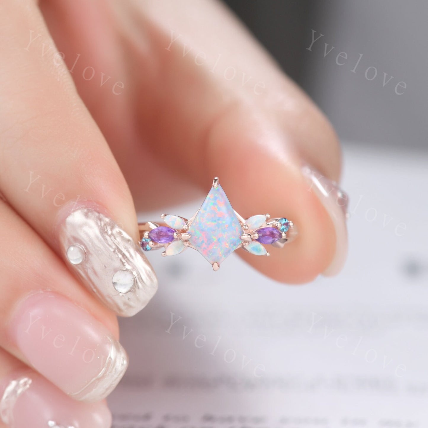 Vintage Kite White Opal Engagement Ring,Rose Gold,Vines Amethyst Opal Ring,Women Bridal Set,Unique Twig Women Anniversary Promise Ring Gift