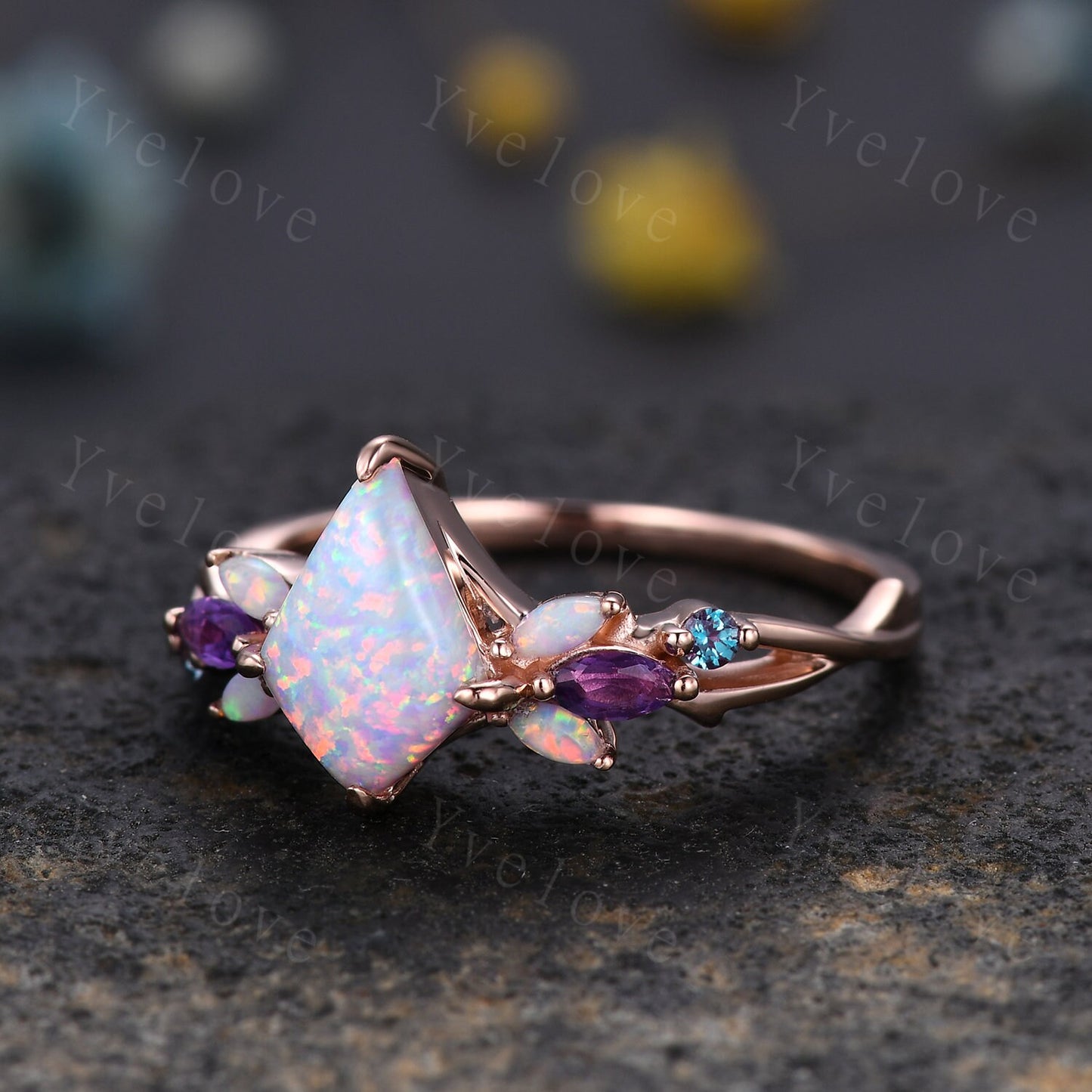 Vintage Kite White Opal Engagement Ring,Rose Gold,Vines Amethyst Opal Ring,Women Bridal Set,Unique Twig Women Anniversary Promise Ring Gift