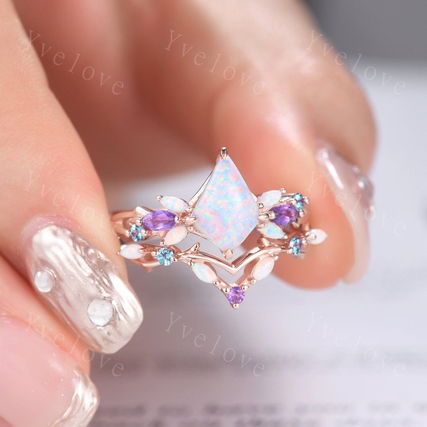 Vintage Kite White Opal Engagement Ring,Rose Gold,Vines Amethyst Opal Ring,Women Bridal Set,Unique Twig Women Anniversary Promise Ring Gift