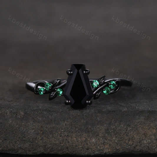 Coffin cut black onyx engagement ring Black gold ring Art deco leaf design emerald wedding ring nature inspired ring bridal promise ring