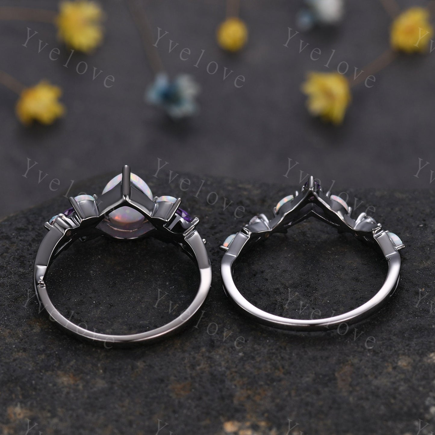Vintage Teardrop White Opal Engagement Ring Set,Black Gold,Vines Amethyst Ring,Women Bridal Set,Unique Twig Anniversary Promise Ring Gift