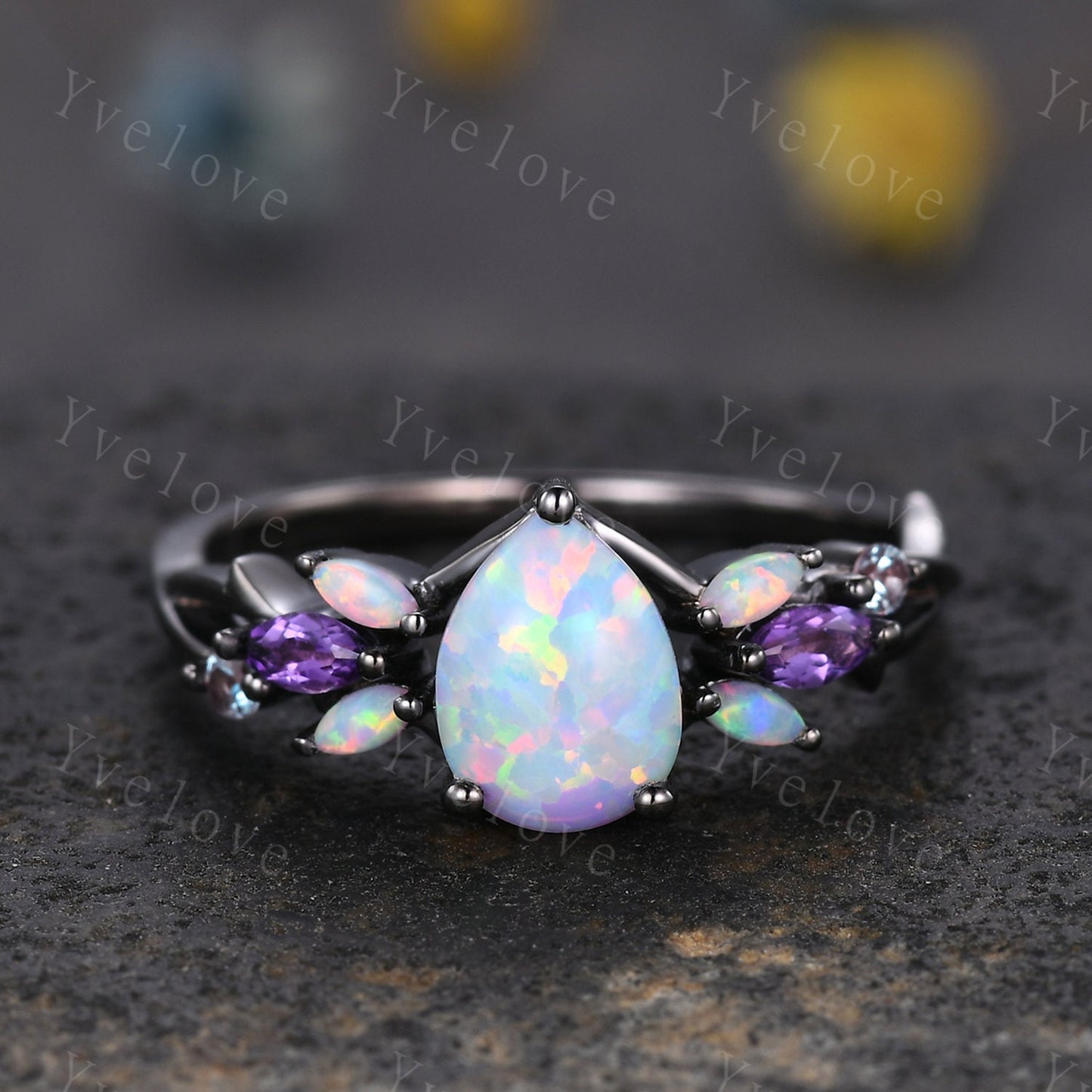 Vintage Teardrop White Opal Engagement Ring,Silver Black Gold,Vines Amethyst Ring,Women Bridal Set,Unique Twig Anniversary Promise Ring Gift