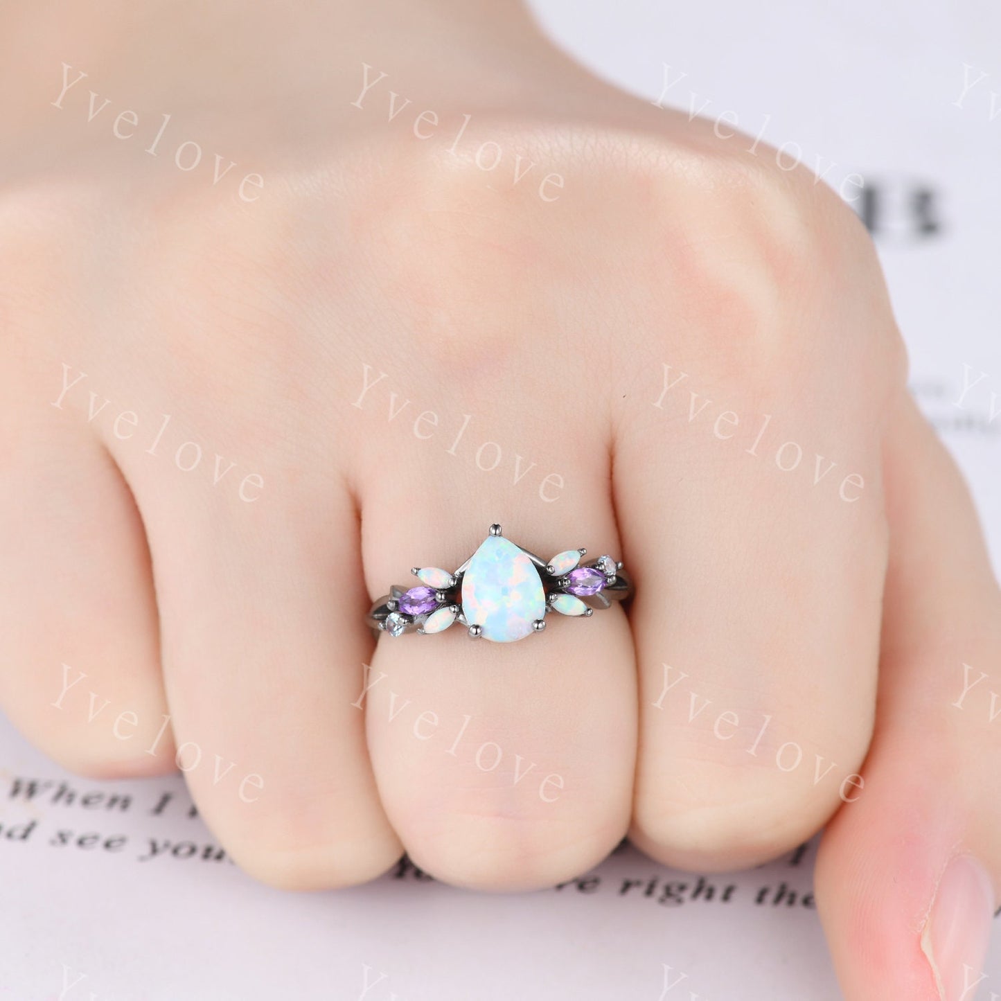 Vintage Teardrop White Opal Engagement Ring Set,Black Gold,Vines Amethyst Ring,Women Bridal Set,Unique Twig Anniversary Promise Ring Gift