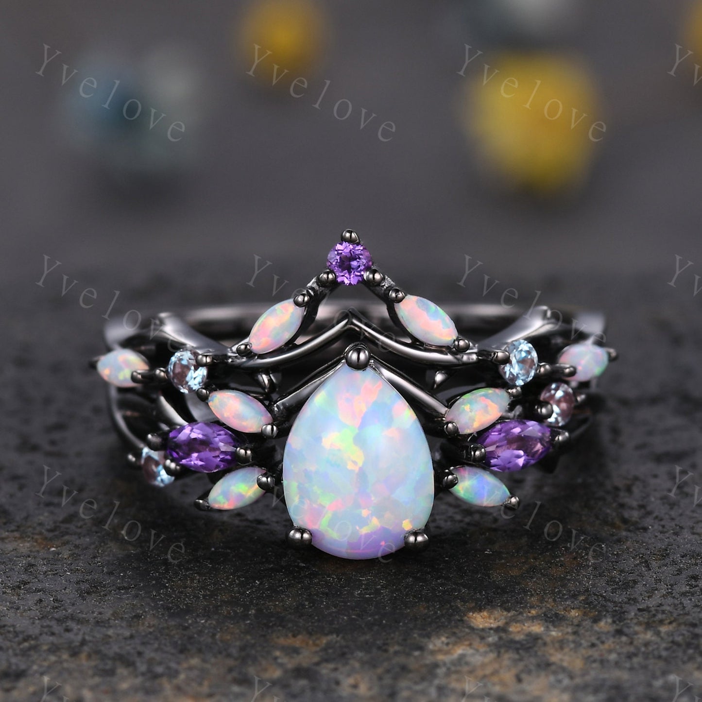 Vintage Teardrop White Opal Engagement Ring Set,Black Gold,Vines Amethyst Ring,Women Bridal Set,Unique Twig Anniversary Promise Ring Gift