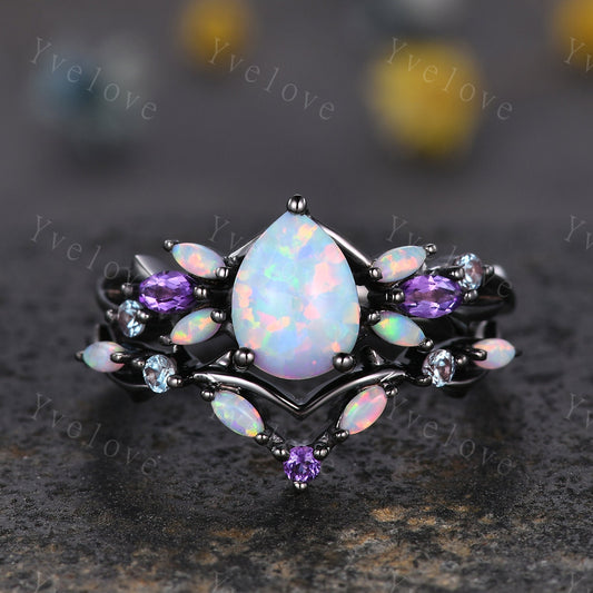 Vintage Teardrop White Opal Engagement Ring Set,Black Gold,Vines Amethyst Ring,Women Bridal Set,Unique Twig Anniversary Promise Ring Gift