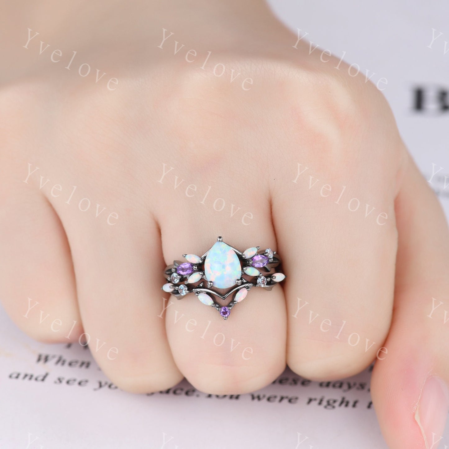 Vintage Teardrop White Opal Engagement Ring,Silver Black Gold,Vines Amethyst Ring,Women Bridal Set,Unique Twig Anniversary Promise Ring Gift