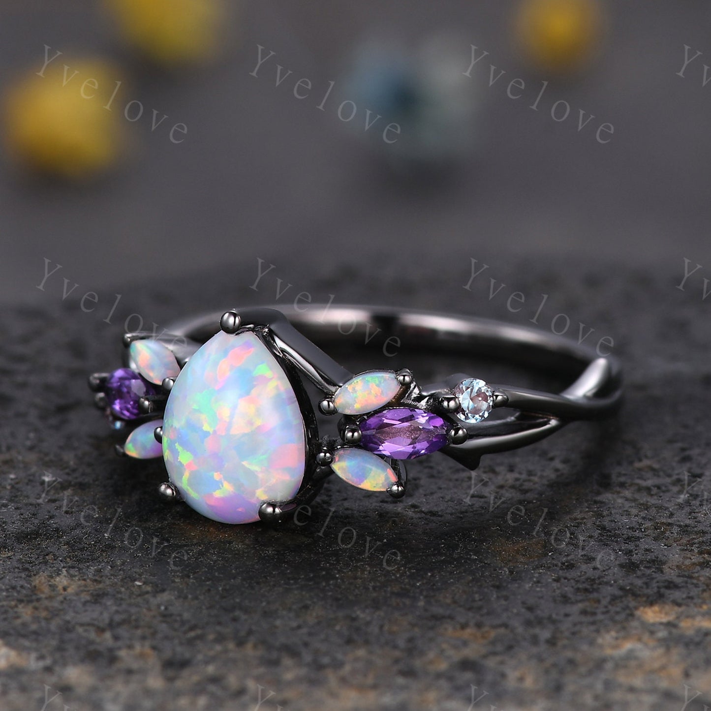 Vintage Teardrop White Opal Engagement Ring,Silver Black Gold,Vines Amethyst Ring,Women Bridal Set,Unique Twig Anniversary Promise Ring Gift