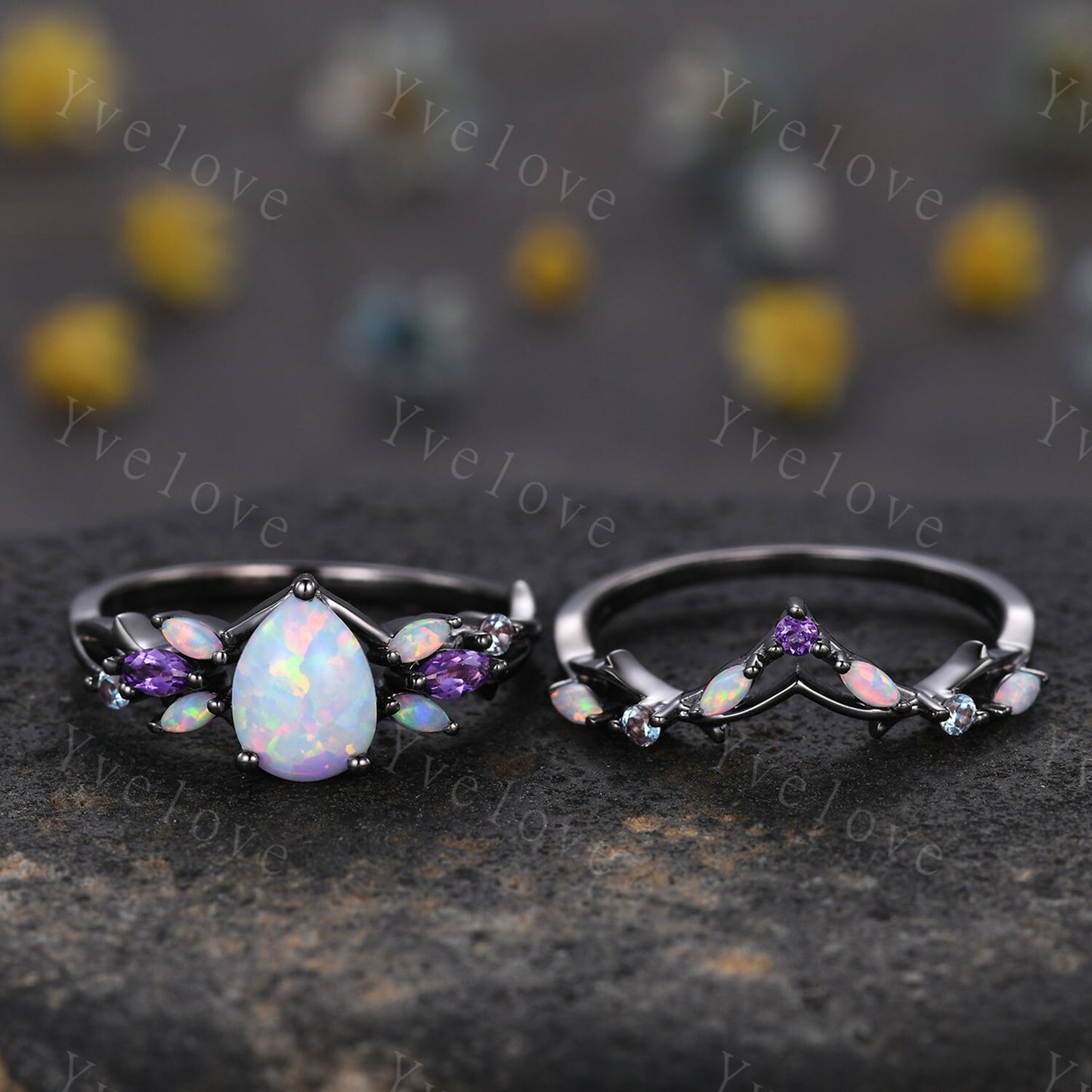 Vintage Teardrop White Opal Engagement Ring,Silver Black Gold,Vines Amethyst Ring,Women Bridal Set,Unique Twig Anniversary Promise Ring Gift