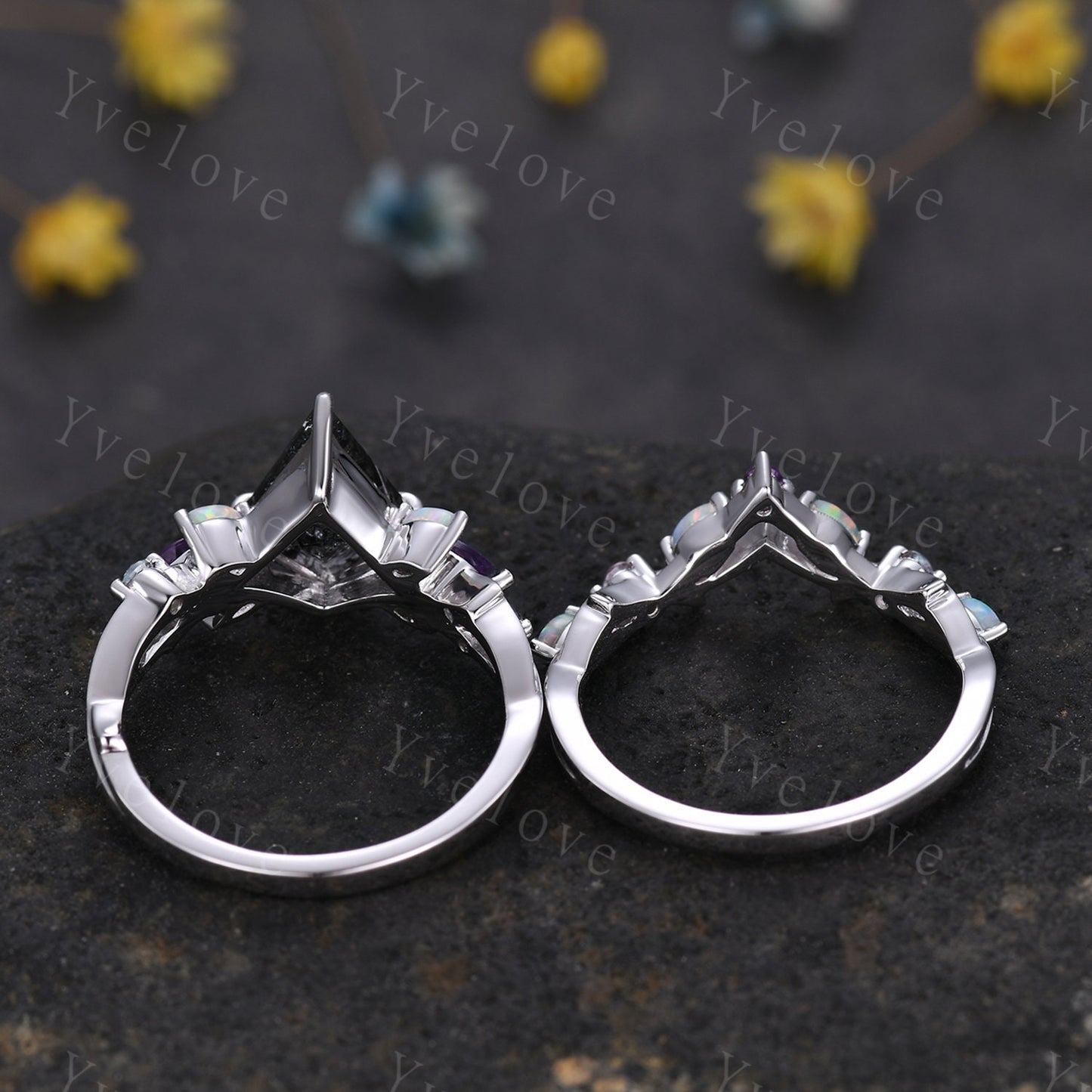 Vintage Kite Black Rutilated Quartz Engagement Ring Set,925 Silver,Vines Amethyst Opal Ring,Women Bridal Set,Unique Twig Promise Ring Gift