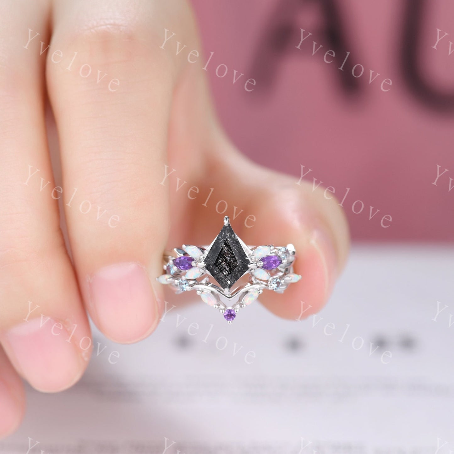 Vintage Kite Black Rutilated Quartz Engagement Ring Set,925 Silver,Vines Amethyst Opal Ring,Women Bridal Set,Unique Twig Promise Ring Gift