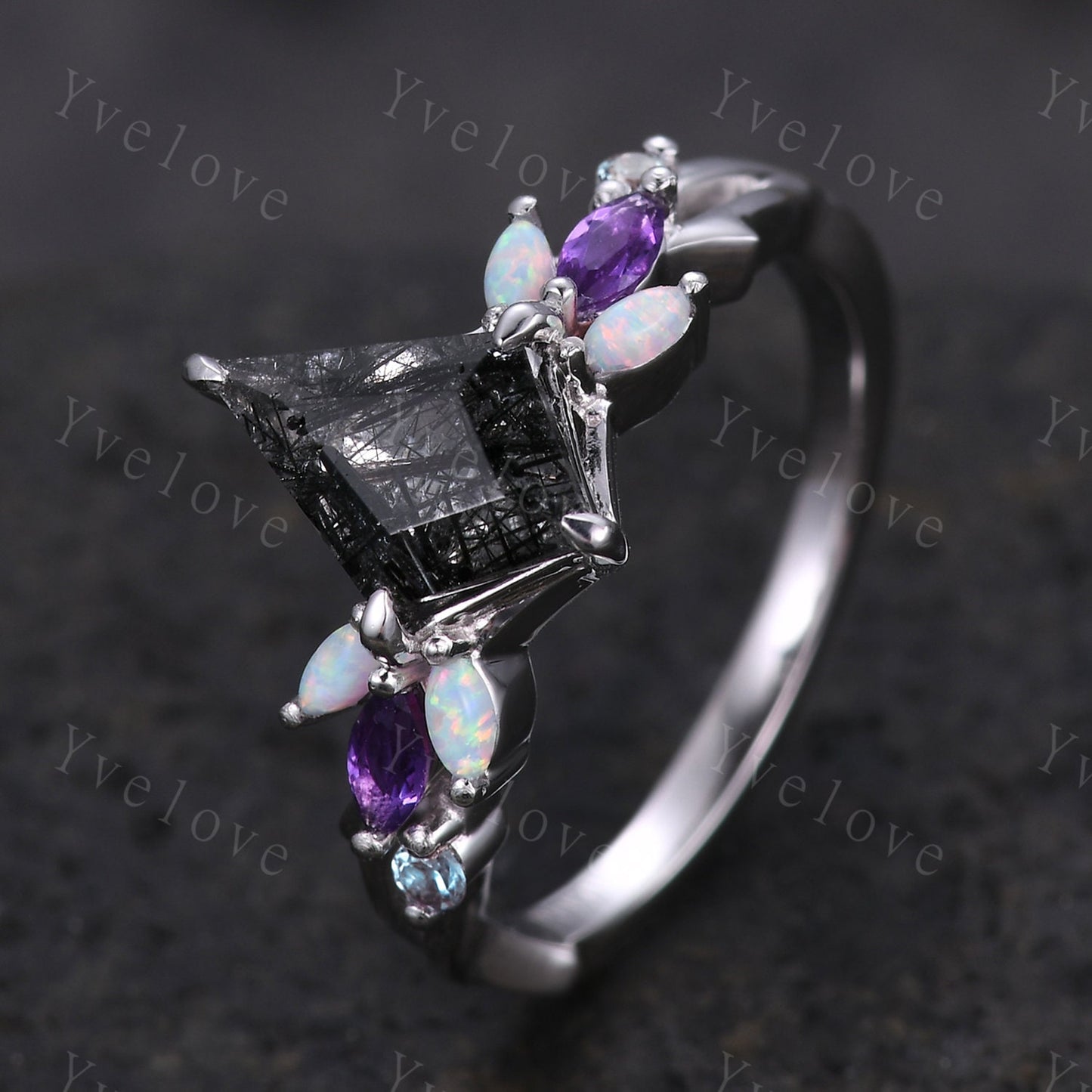 Vintage Kite Black Rutilated Quartz Engagement Ring,14k White Gold,Vines Amethyst Opal Ring,Women Bridal Set,Unique Twig Promise Ring Gift