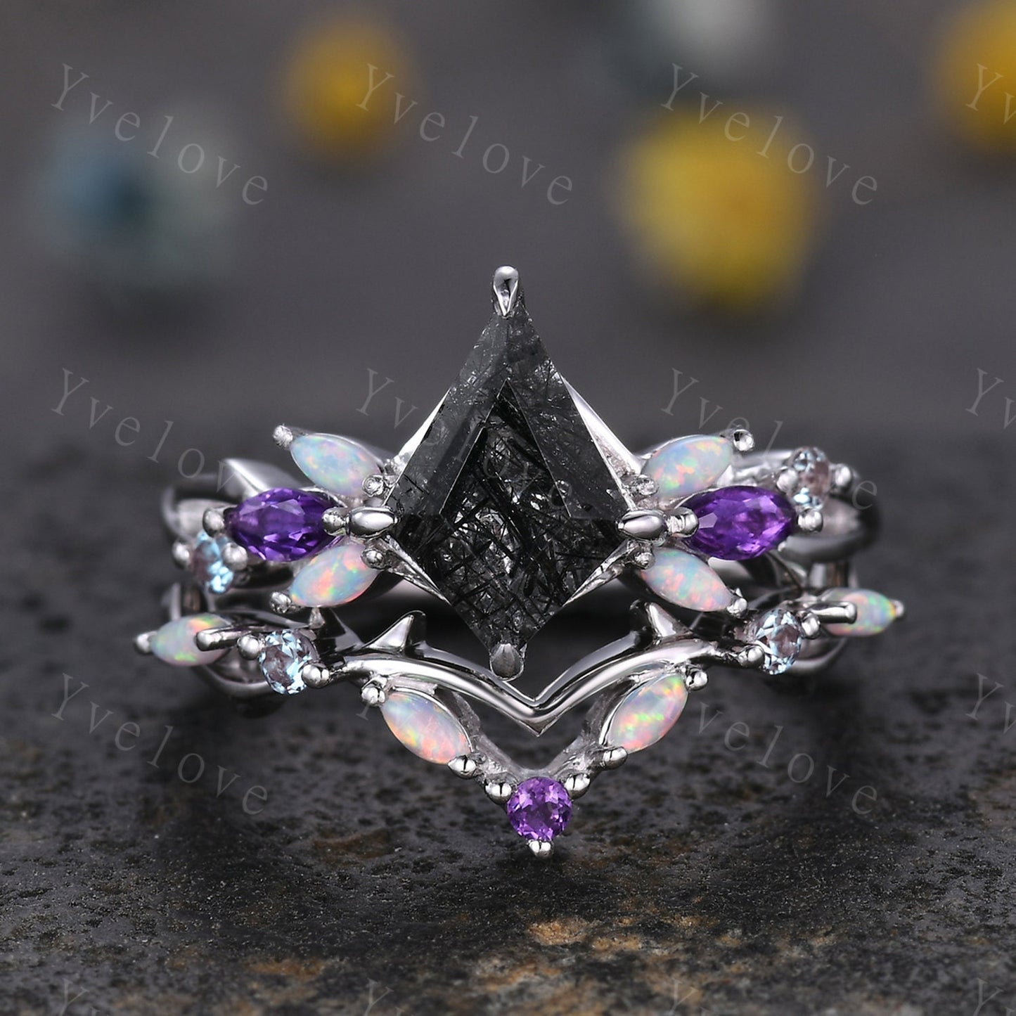 Vintage Kite Black Rutilated Quartz Engagement Ring,14k White Gold,Vines Amethyst Opal Ring,Women Bridal Set,Unique Twig Promise Ring Gift