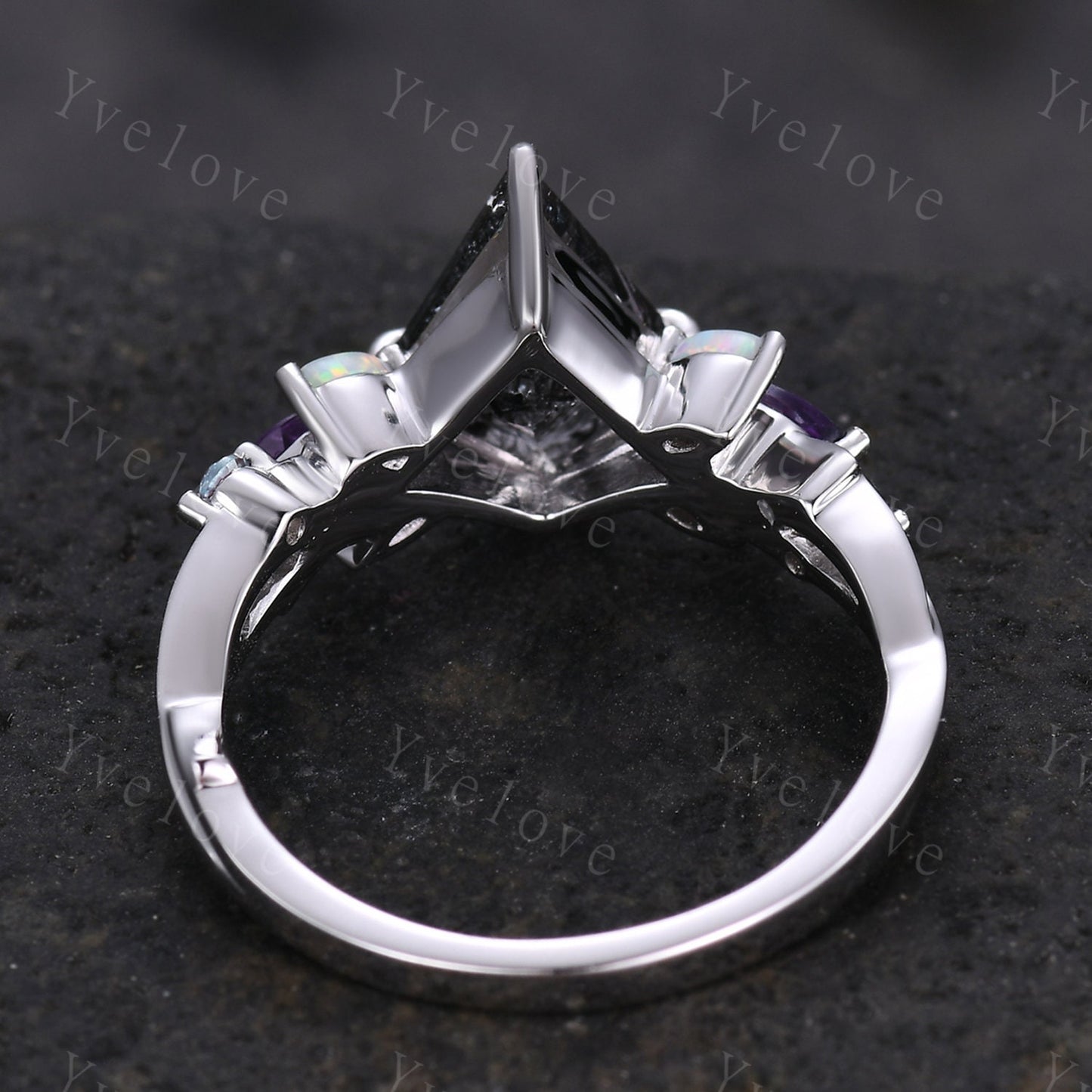Vintage Kite Black Rutilated Quartz Engagement Ring,14k White Gold,Vines Amethyst Opal Ring,Women Bridal Set,Unique Twig Promise Ring Gift