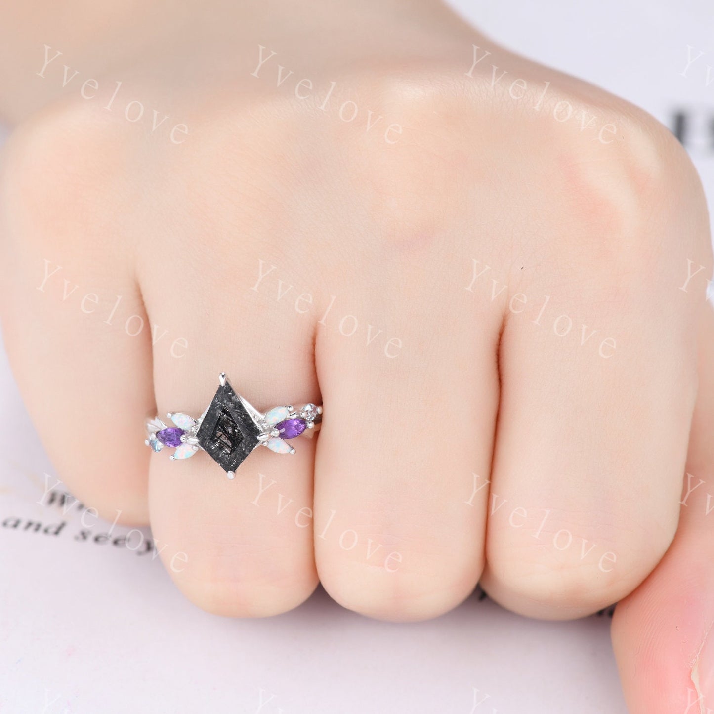 Vintage Kite Black Rutilated Quartz Engagement Ring,14k White Gold,Vines Amethyst Opal Ring,Women Bridal Set,Unique Twig Promise Ring Gift