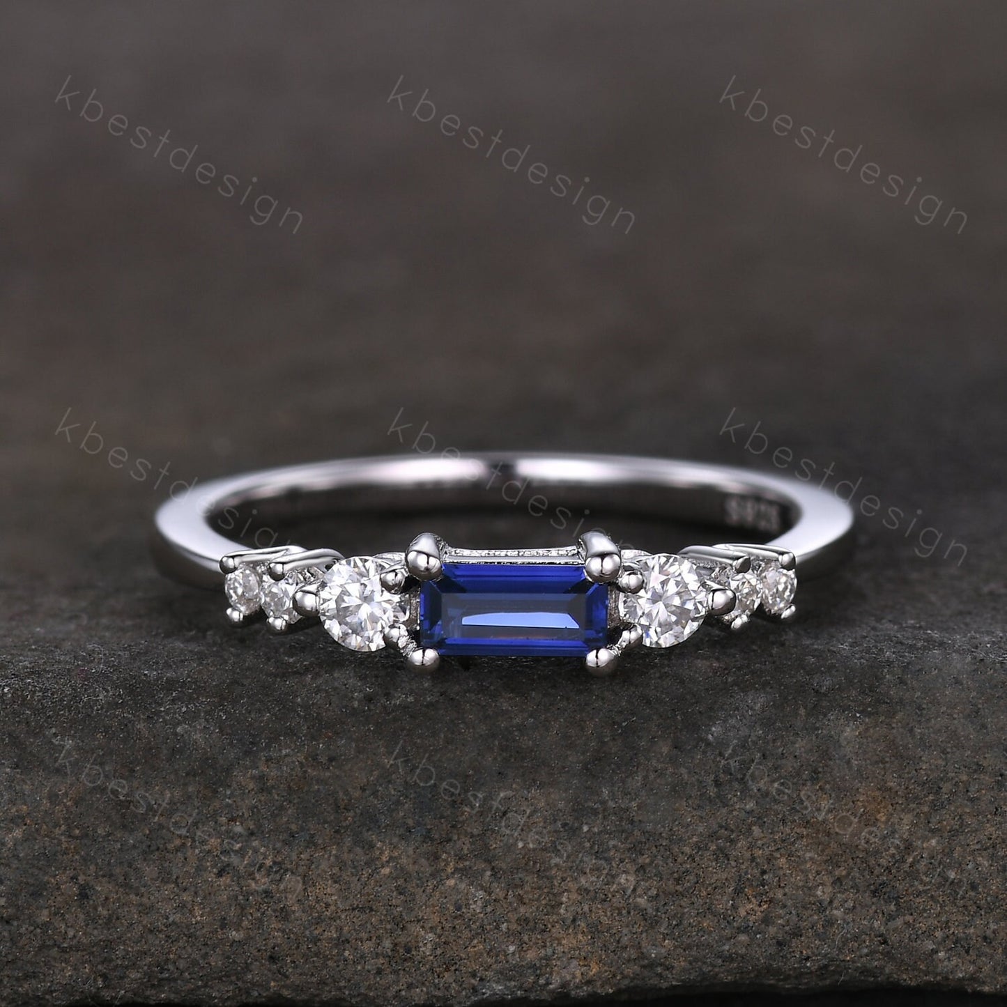 Baguette cut Blue Sapphire Wedding Band Unique 6 Stone Wedding Band Antique Moissanite Ring Minimalist Bridal Matching Stackable band