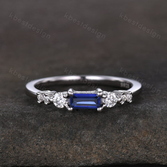 Baguette cut Blue Sapphire Wedding Band Unique 6 Stone Wedding Band Antique Moissanite Ring Minimalist Bridal Matching Stackable band