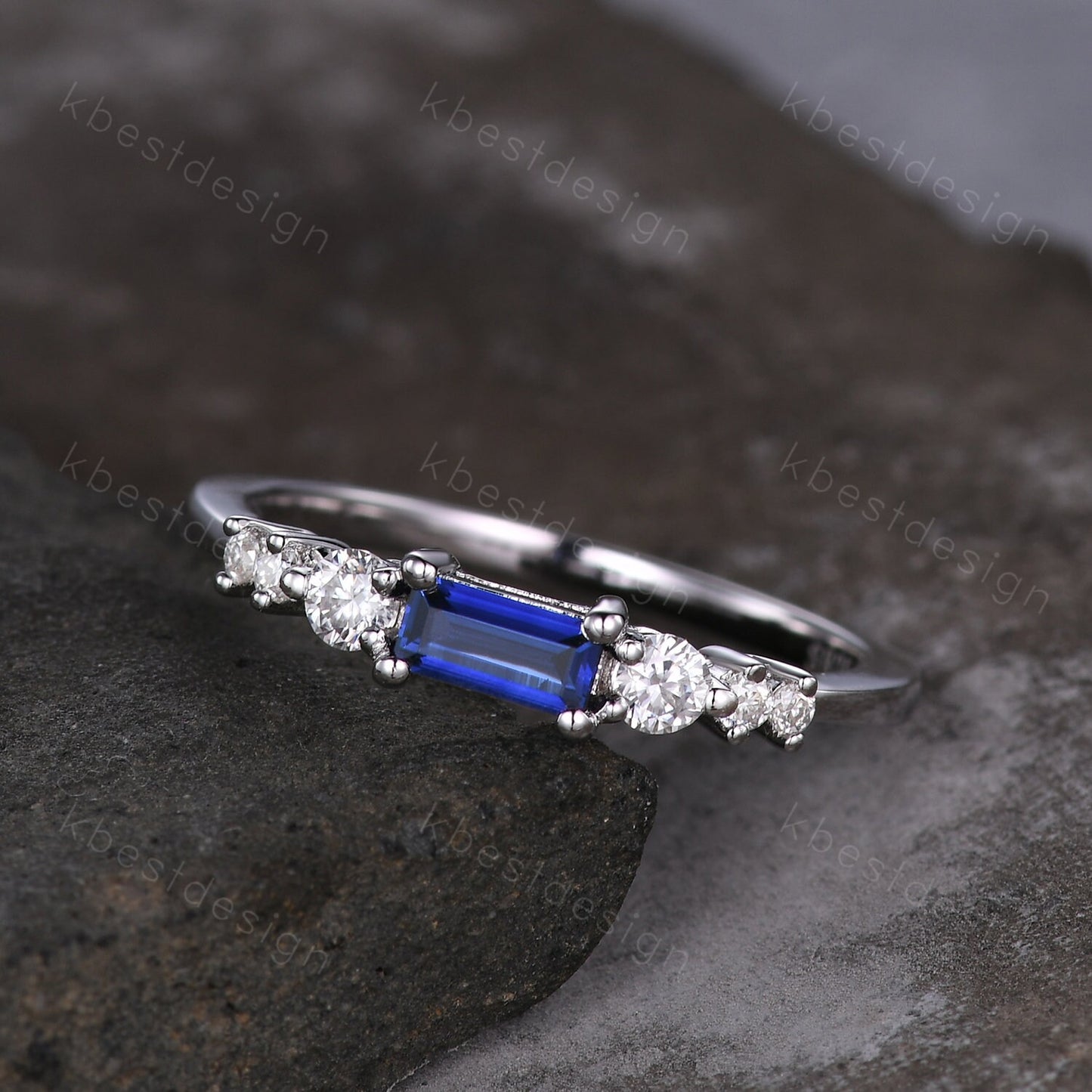 Baguette cut Blue Sapphire Wedding Band Unique 6 Stone Wedding Band Antique Moissanite Ring Minimalist Bridal Matching Stackable band