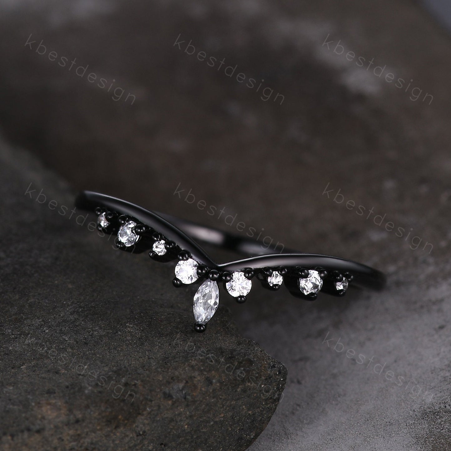 Curved moissanite wedding band black gold ring for women unique marquise cut stacking matching band delicate chevron ring anniversary ring