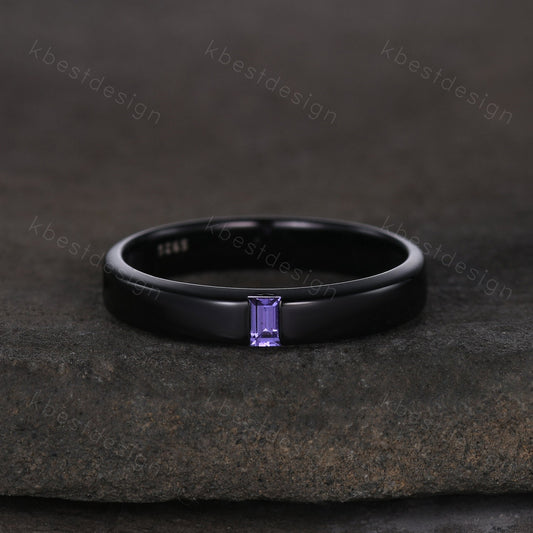 Mens Amethyst wedding band Baguette cut Amethyst wedding band black gold ring minimalist stacking band for Men for Women retro vintage ring