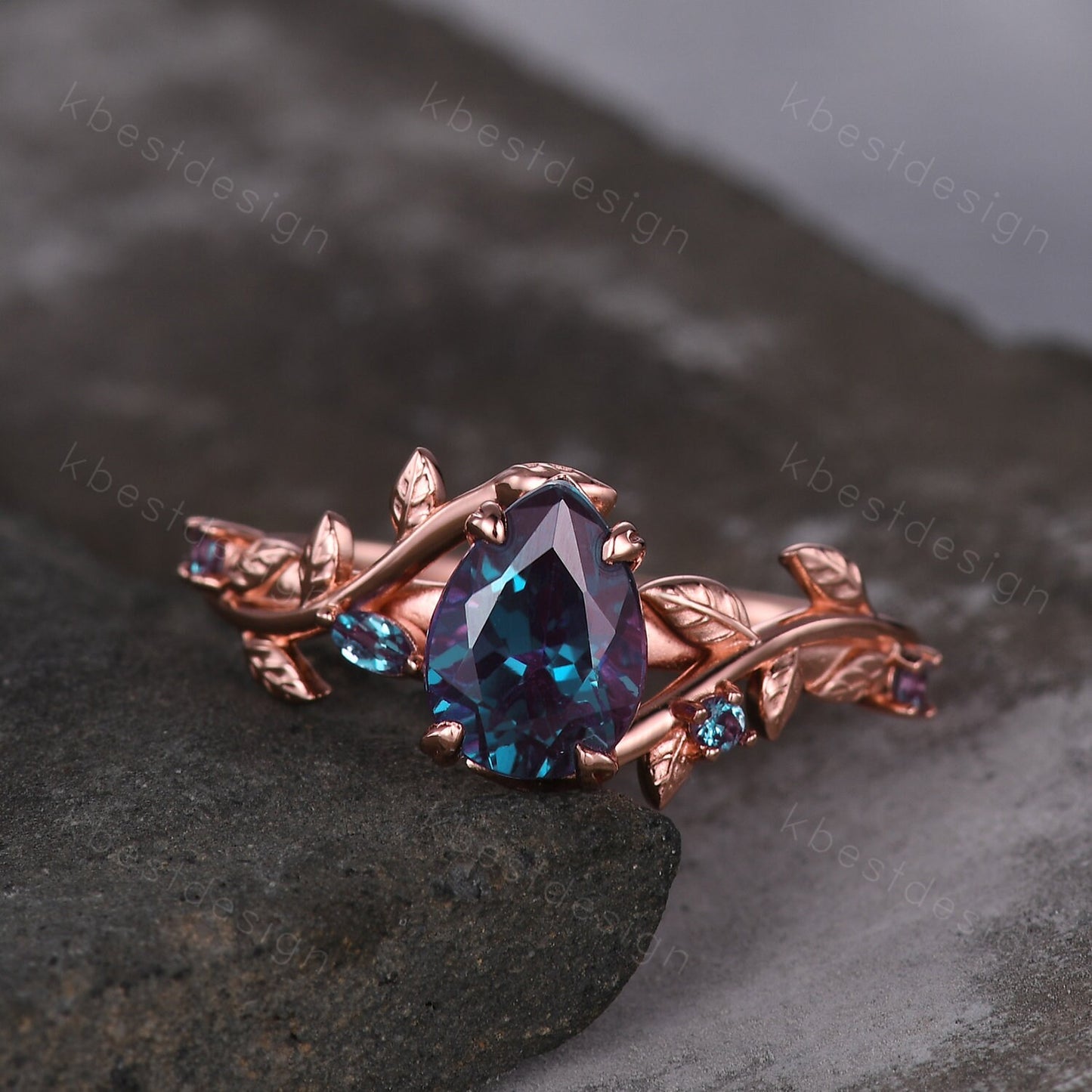 Vintage pear cut alexandrite engagement ring rose gold art deco leaf branch ring natural inspired ring unique bridal promise ring
