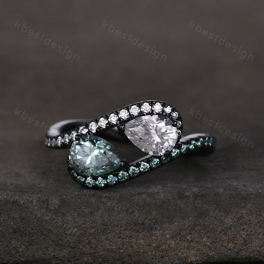 Toi et Moi Ring, Pear Green Moissanite Engagement Ring, Infinity Black Gold Ring, Double Moissanite Ring, Two Stone Ring, Promise Ring