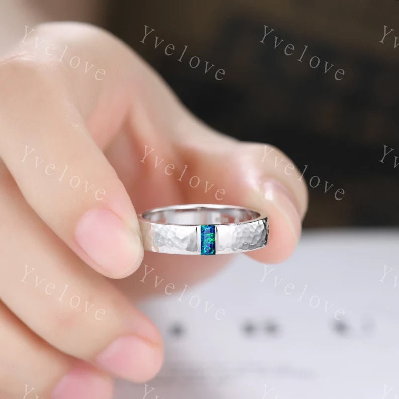 Mens Black Opal Wedding Band Baguette Cut Opal Band 5mm Black Gold Ring Mens Hammered Stacking Matching Band Retro Vintage Ring Gift